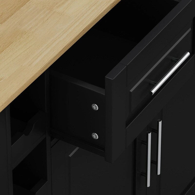 46.46Chariot d'îlot de cuisine multifonctionnel avec porte-épices, porte-bouteilles, porte-serviettes et plateau pliable en bois d'hévéa