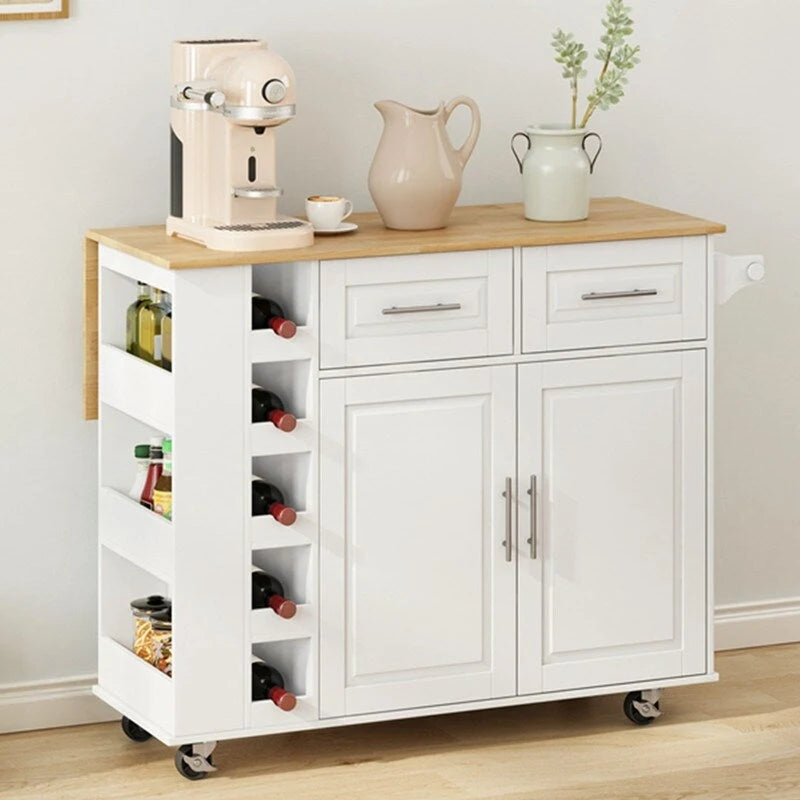 46.46Chariot d'îlot de cuisine multifonctionnel avec porte-épices, porte-bouteilles, porte-serviettes et plateau pliable en bois d'hévéa