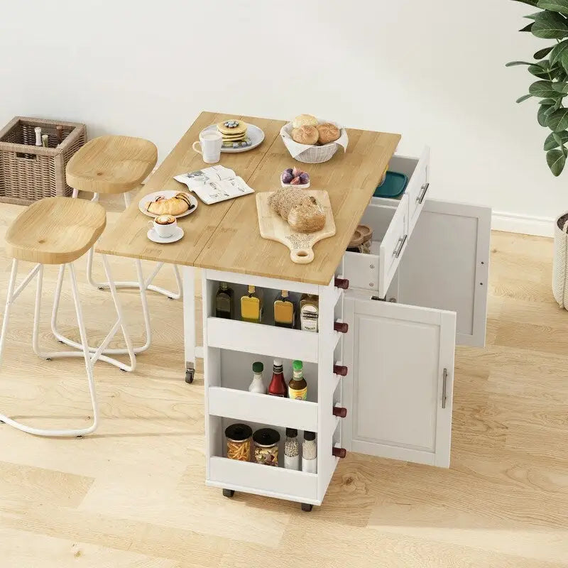 46.46Chariot d'îlot de cuisine multifonctionnel avec porte-épices, porte-bouteilles, porte-serviettes et plateau pliable en bois d'hévéa