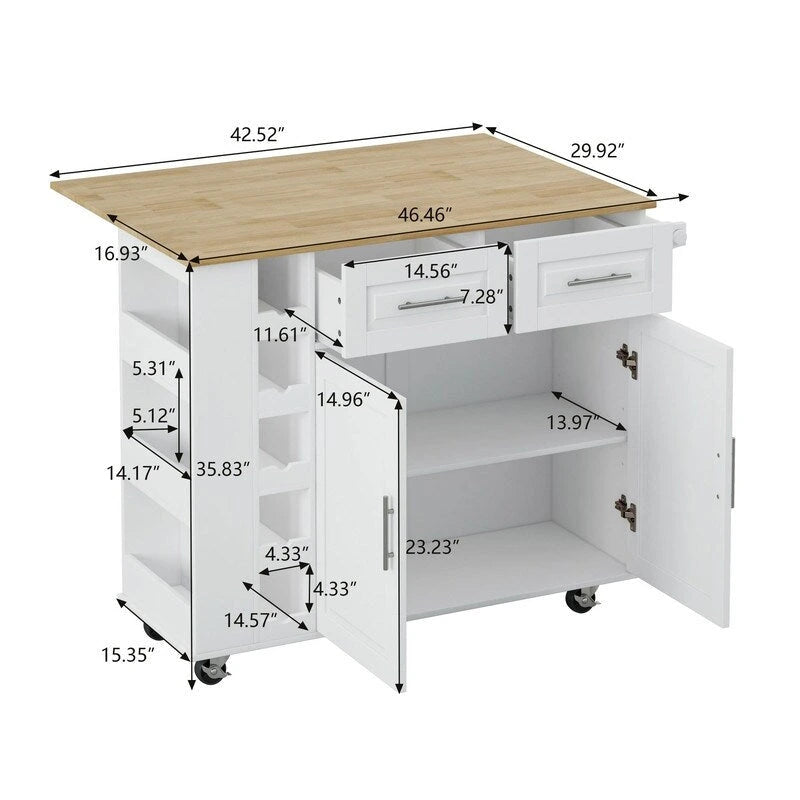 46.46Chariot d'îlot de cuisine multifonctionnel avec porte-épices, porte-bouteilles, porte-serviettes et plateau pliable en bois d'hévéa