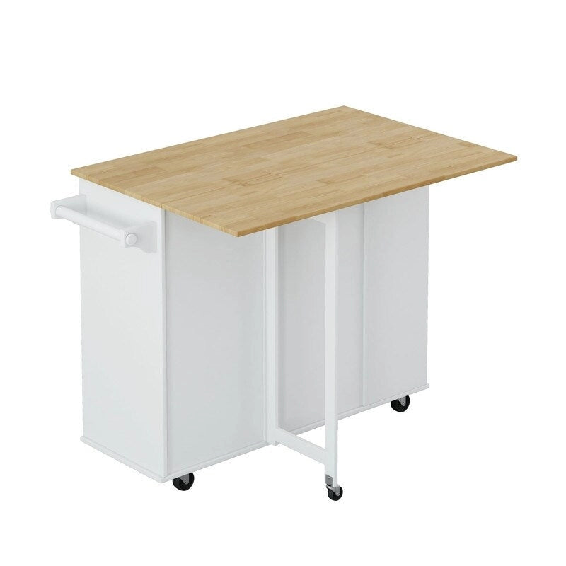 46.46Chariot d'îlot de cuisine multifonctionnel avec porte-épices, porte-bouteilles, porte-serviettes et plateau pliable en bois d'hévéa