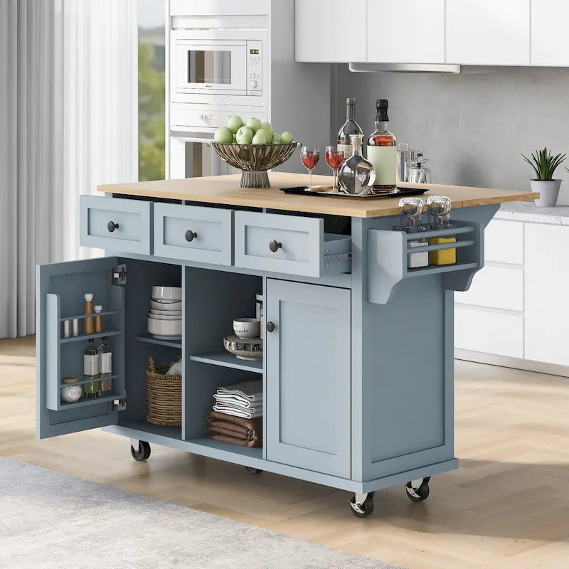 Chariot de Cuisine avec Dessus en Bois d'Hévéa à Abattant, Rangement Interne de Porte d'Armoire