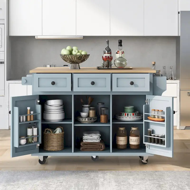 Chariot de Cuisine avec Dessus en Bois d'Hévéa à Abattant, Rangement Interne de Porte d'Armoire