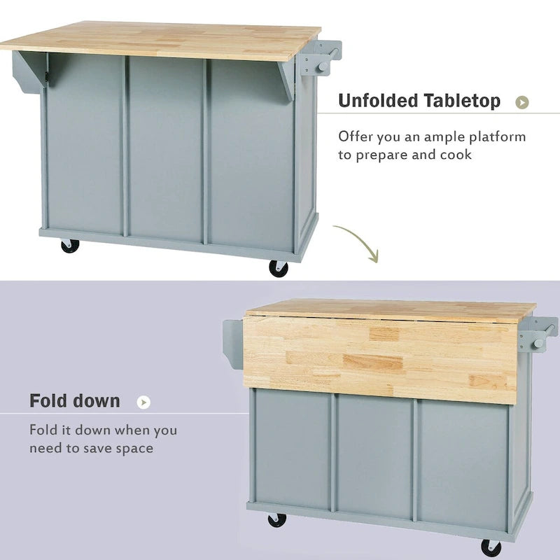 Chariot de Cuisine avec Dessus en Bois d'Hévéa à Abattant, Rangement Interne de Porte d'Armoire