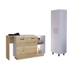 Ensemble de cuisine 2 pièces Crescent 7 étagères 4 portes, îlot de cuisine et garde-manger blanc et chêne clair