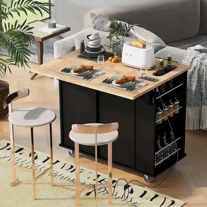 Dessert de cuisine roulant avec prises électriques, plateau rabattable et casier à vin