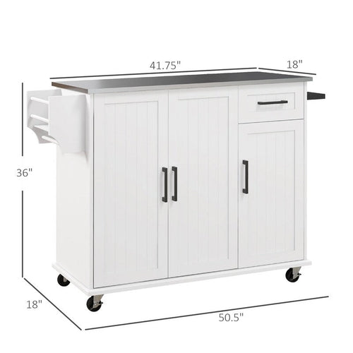 50.5Îlot de cuisine roulant avec tiroir, 3 armoires, comptoir en acier inoxydable, porte-épices et porte-serviettes
