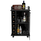 Chariot de bar Baltimore, meuble à deux niveaux avec porte vitrée, six casiers à vin, finition wengé noir pour cuisine, fête et salon
