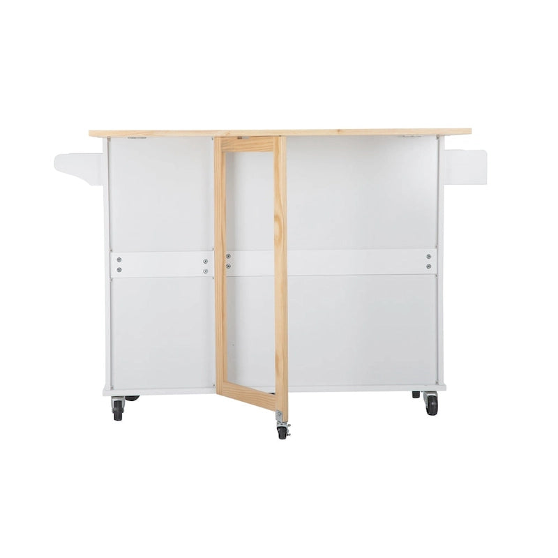 Îlot de cuisine avec plan de travail en hévéa, 3 tiroirs, placard et porte-épices sur roulettes