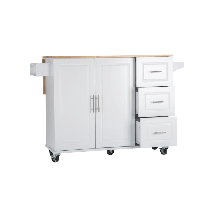Îlot de cuisine avec plan de travail en hévéa, 3 tiroirs, placard et porte-épices sur roulettes