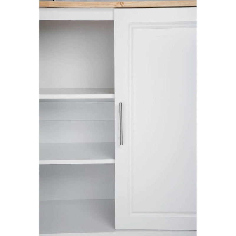 Îlot de cuisine avec plan de travail en hévéa, 3 tiroirs, placard et porte-épices sur roulettes