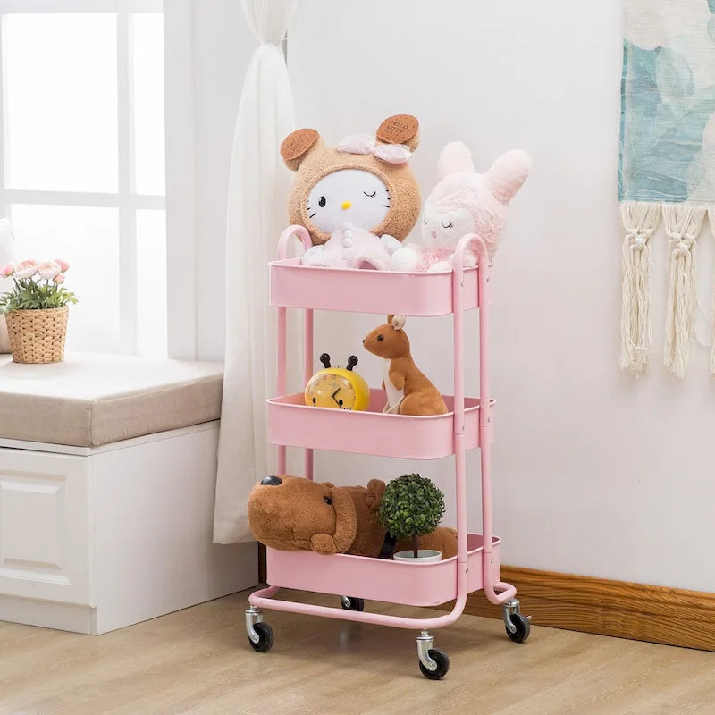 Chariot de rangement rose à 3 niveaux en métal avec roulettes - 31*14*18