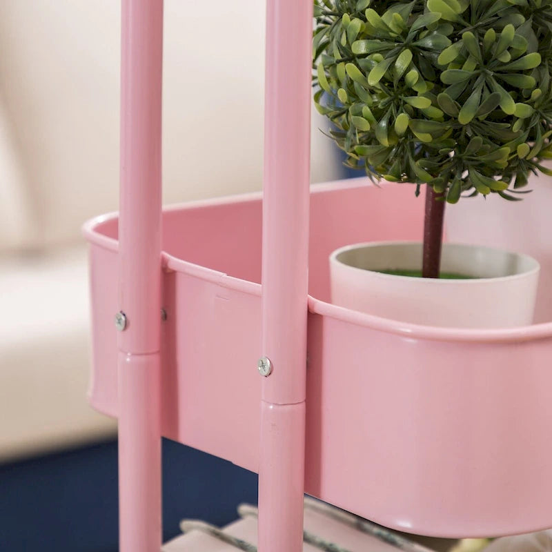 Chariot de rangement rose à 3 niveaux en métal avec roulettes - 31*14*18