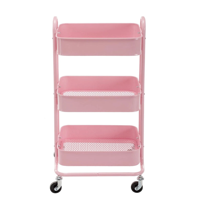 Chariot de rangement rose à 3 niveaux en métal avec roulettes - 31*14*18