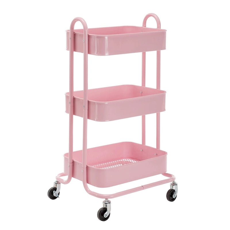 Chariot de rangement rose à 3 niveaux en métal avec roulettes - 31*14*18