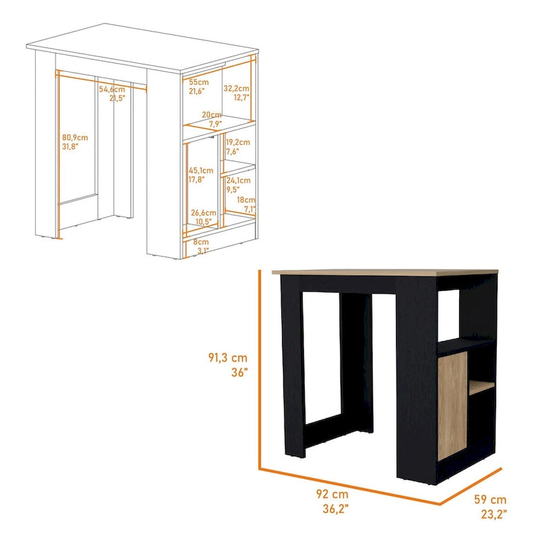 Îlot de cuisine avec plateau en mélaminé - Finition chêne noir et naturel - 36L x 36,2H x 23,2P